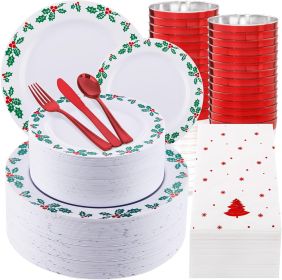 Christmas Plates and Napkins Set - Exquisite Holly Design - Christmas Dinnerware Set of 50 Plastic Plates 50 Red Silverware Set&Cups& Napkins