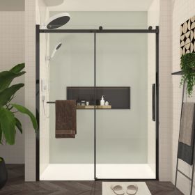 S-RM6076TB 56-60"W x 76"H Sliding Shower Door, 8mm Frameless Glass Shower Door with Matte Black Hardware, Towel Bar and Handle,Drop Shipping avai